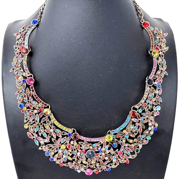 Natasha Jewelry - NATASHA Rhinestone Bib Necklace Floral Multicolor Crystal Goldtone Statement 19"